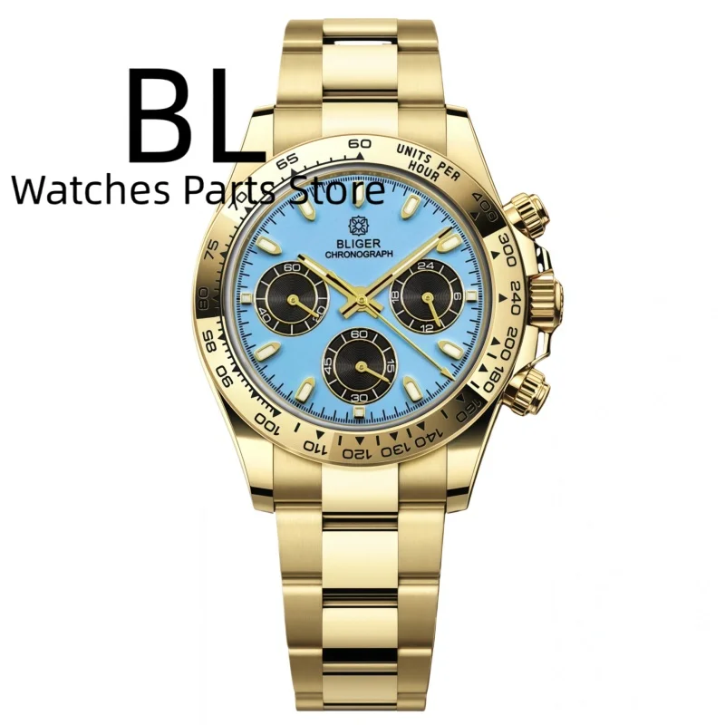 BLIGER 40MM Luxury Sky Blue Dial Fashion Men's VK63 Quartz Watches Sapphire Glass Stainless Steel Waterproof Chronograph Watch