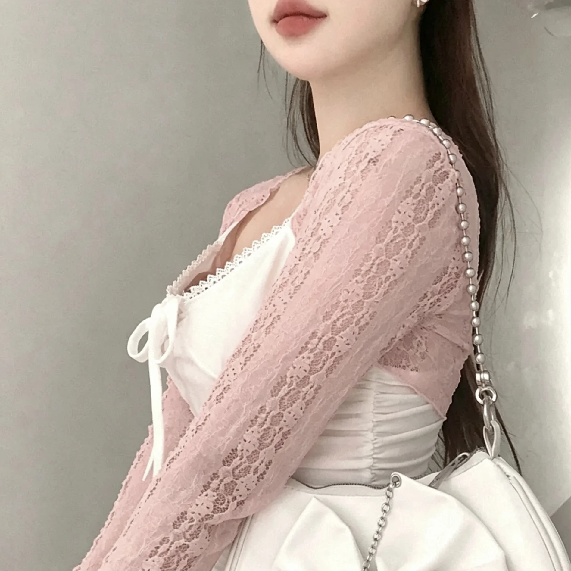 Autumn New Pure Long Sleeve T-Shirt Top Slim Fit Ultra Short Lace See through Open Cardigan Three Colors Commute Style Moistu...