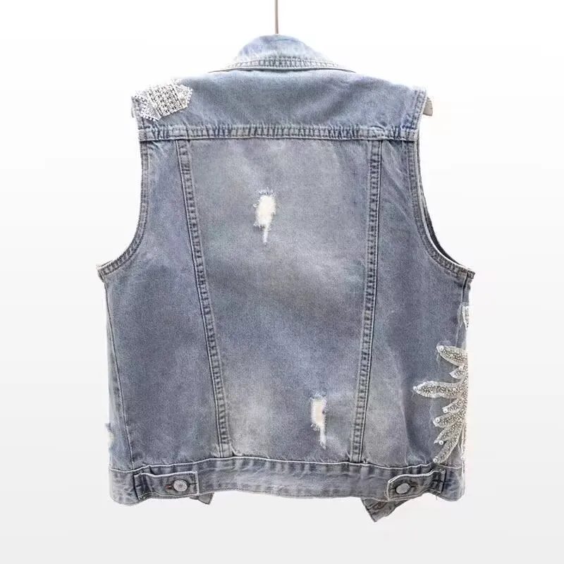 Denim Women Vest Luxury Pearl Fashion Ripped Autumn Jeans Jacket Sleeveless Loose Short Coat Streetwear Beaded Flower Denim Vest