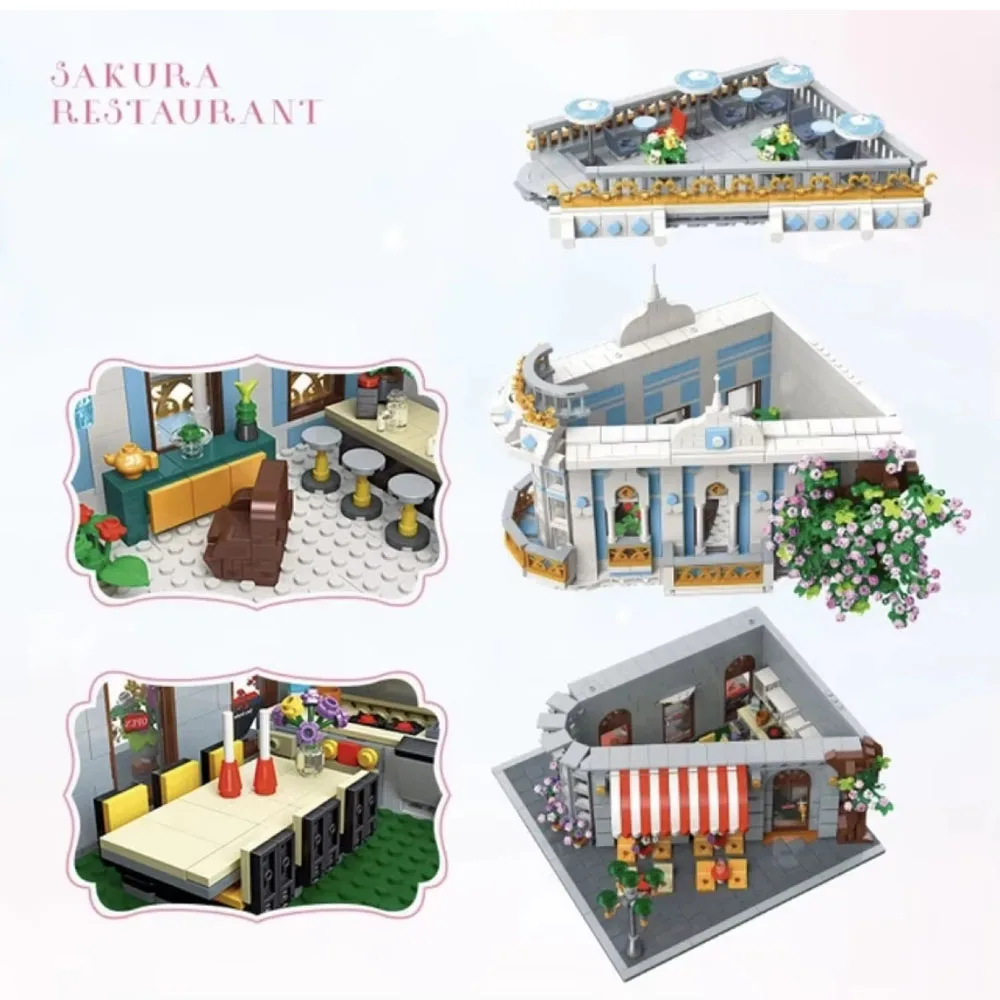 Décennie s de construction de restaurant Sakura pour enfants, ensemble de briques, modèle d'urgence, vue sur la rue, cadeau de Noël, en stock, 89109