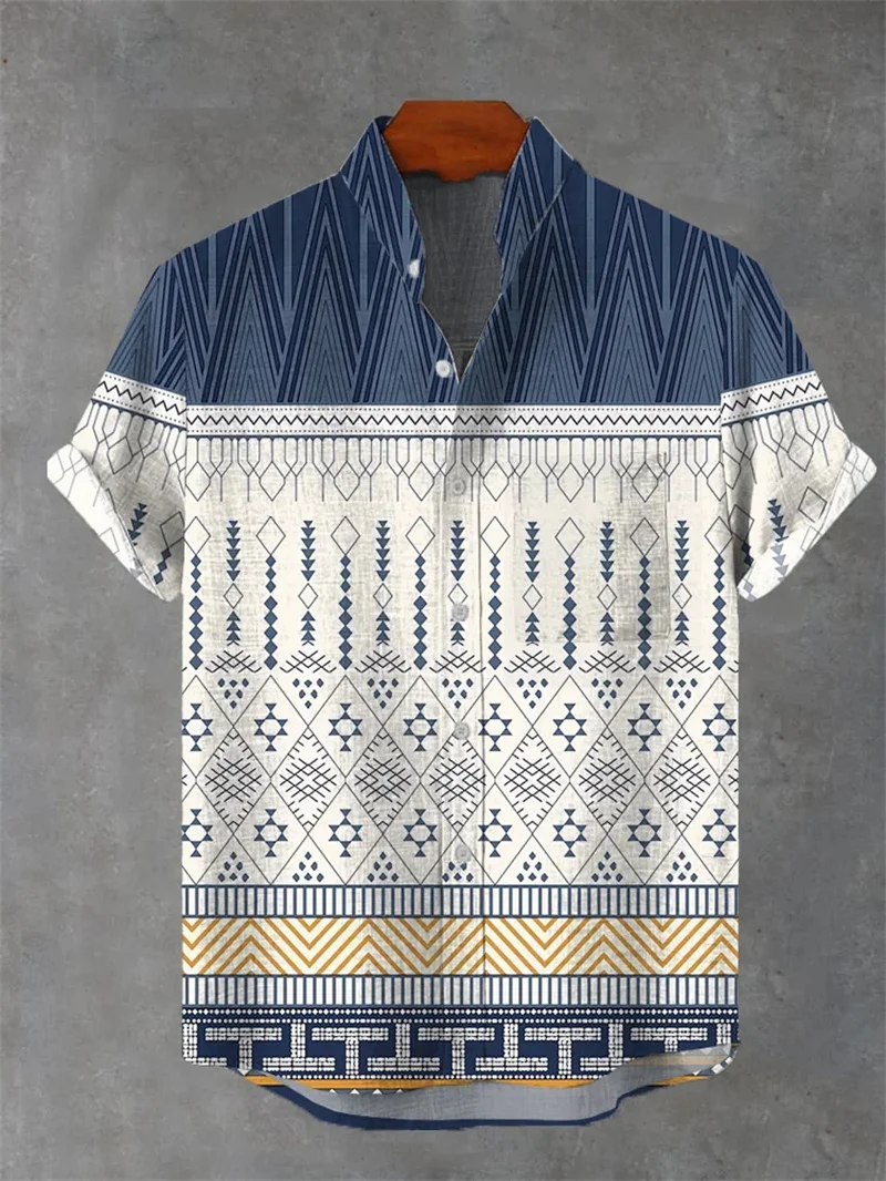 Boho Tribal Diamond Zigzag Geometric Border Pattern Unisex Short Sleeve Blouse Camp Collar Loose Vacation Shirt