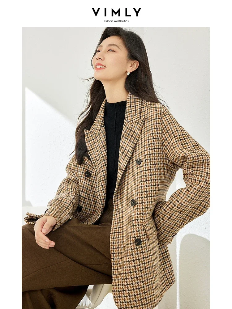 Vimly Vintage Plaid Wool Blend Coat Women 2023 Winter Office Lady Double Breasted Tailored Blazer Thick Warm Woolen Jacket 50723