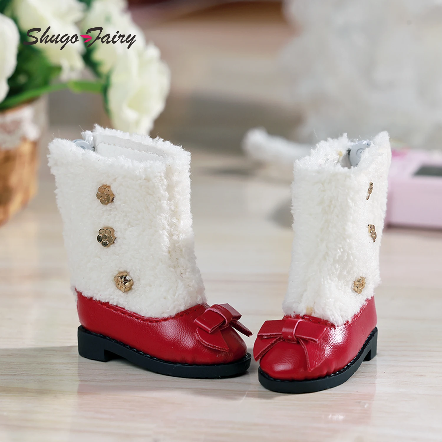 

BJD Shoes 1/6 Red Fashion Low-heeled Shoes WX6-268 MLeather Upper Plush Collar Doll Accessories Suitable for YOSD Body