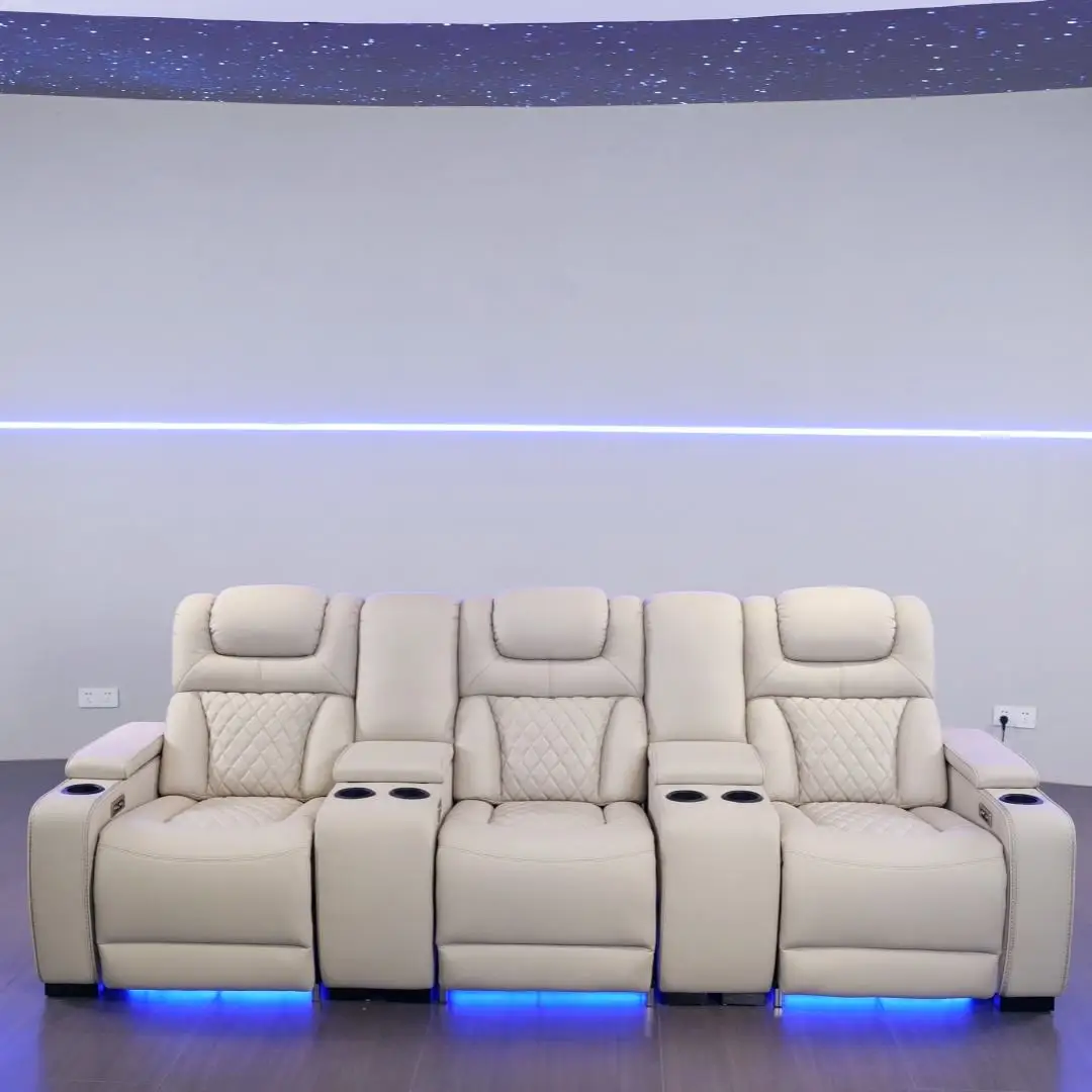 Modern Beige and White Leather Three Seat Sofa Set with Wood Frame Remote Control Living Room Furniture for Home Theater