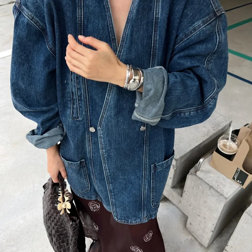Women Denim Jacket 2025 Spring Autumn Retro Double Breasted Shoulder Padded V Neck Loose Casual Long Blue Denim Coat