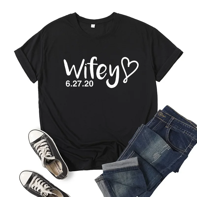 Wifey and Hubby Heart Print Couple T Shirt Short Sleeve O Neck Loose King Queen Tshirt Fashion Lovers Tee Shirt Tops Clothes