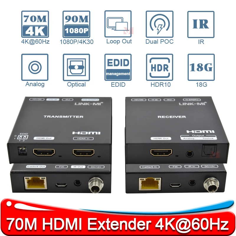

4K HDMI Extender 70M 90M 1080P HDR10 Dual POC SPDIF Analog Audio Extraction 90M HDMI Extender