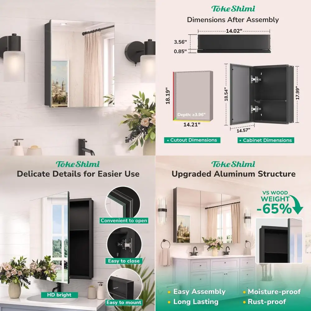 

Черный алюминиевый аптечка в современном фермерском стиле 14 x 18, с зеркалом и регулируемым местом для хранения вещей