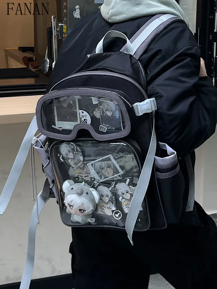 

Harajuku Streetwear Casual Backpack with Double Girls Backpacks Clear Window for Anime Badge Display School Bag