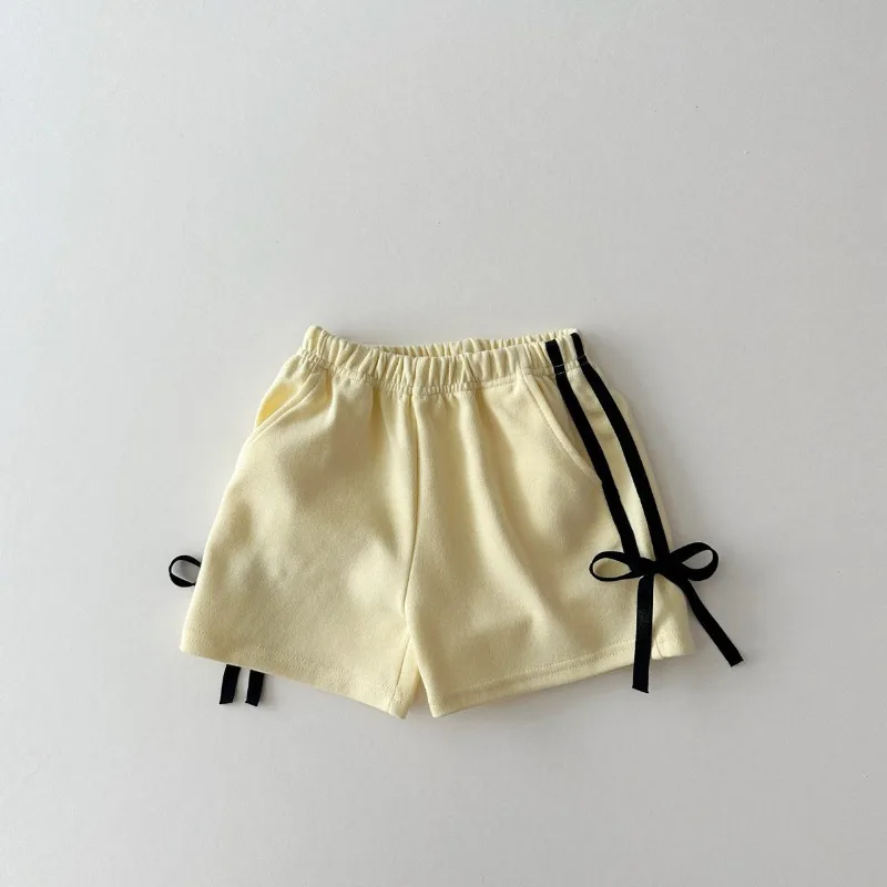 Korean Style New Summer Baby Girls Sports Shorts Side Seam Stripe Bow Elastic Waist Loose Pants Casual Children Clothes A24147