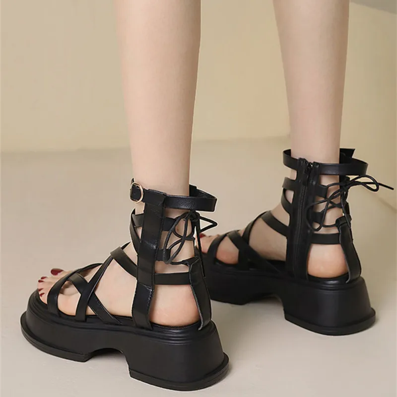 Sexy High Top Cross Strap Sandals Women Summer Fashion Hollow Zip Design Open Toe Roman Gladiator Thick-soled Platform Sandals