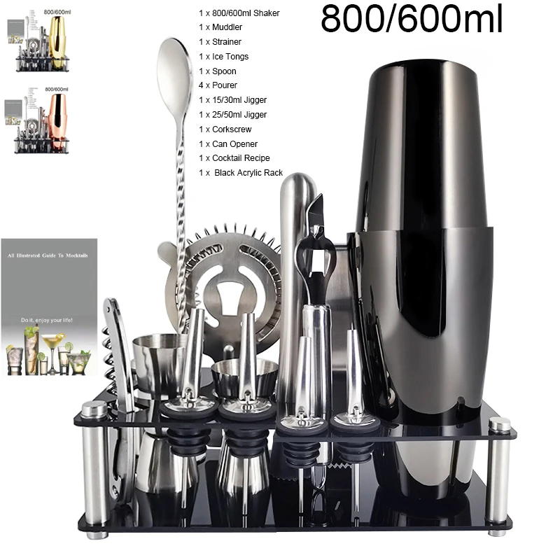 13Pcs Cocktail Shaker 800/750/600/550ml Boston Stainless Steel Mixer Bartender Bar Tools Shakers Set Recipe With Wine Stand