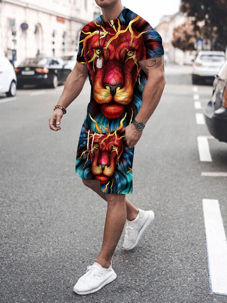 Summer New Men\'s Suit Fashionable Street Casual Men\'s Short Sleeve T-Shirt Outdoor Daily Comfort Breathable Shorts Animal Print