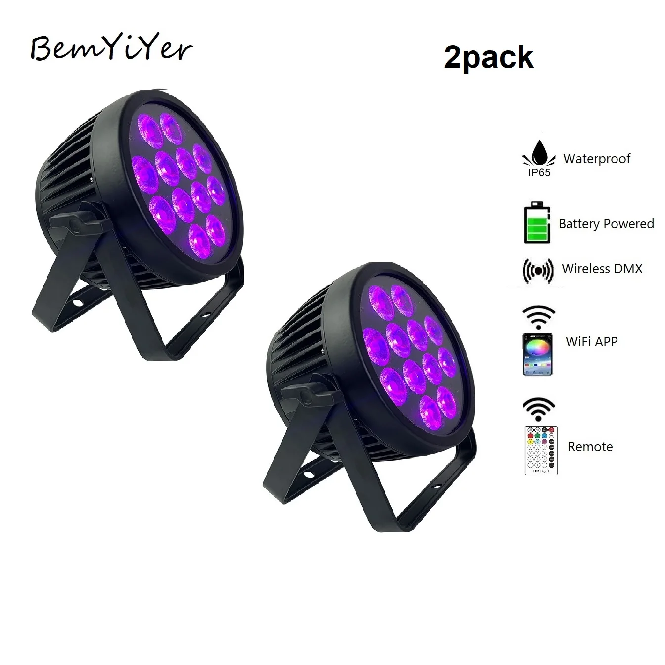

BemYiYer 2pack 12x18W waterproof Wifi App LED Par Uplights Battery Wireless DMX Outdoor IP65 IR control/RGBWA+UV 6in1