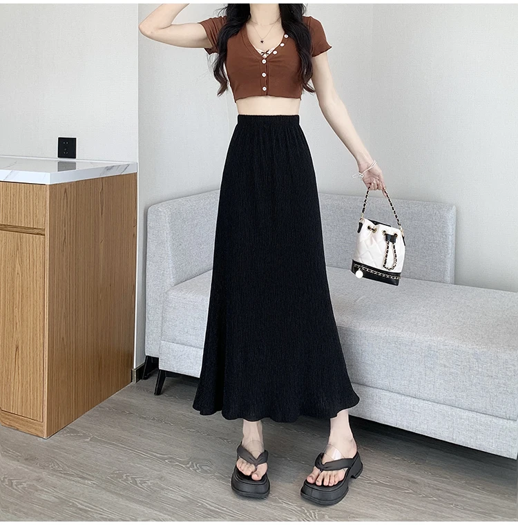 

2024 Women Summer Fashion Elastic Waist Fishtail Skirt Female Midi Long Package Hip Skirts Ladies Solid Color Slim Skirts B203