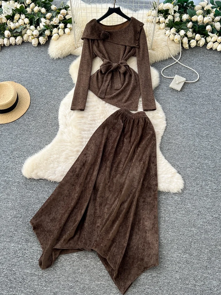 

Women's Winter Faion Knitted Long Sve Belted Waist Corduroy Skirt Set High Waist Pure Color Slim Fit Casual Office Wear