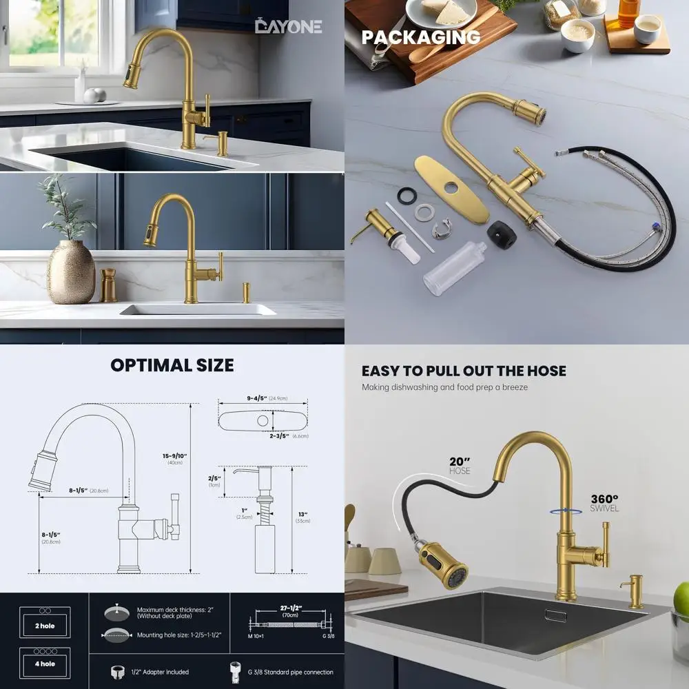 Torneira de cozinha de arco alto com alça única com pulverizador de 3 modos, dispensador de sabão e placa de deck em acabamento em ouro escovado/latão - DAY-APS