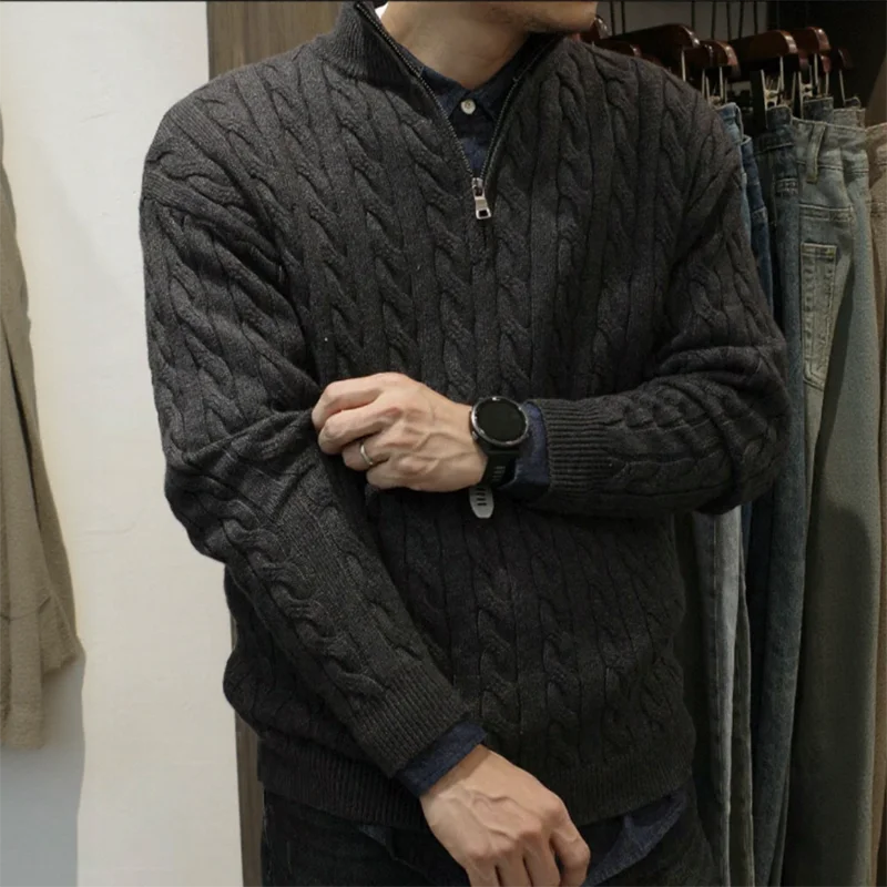 Masculino meio zíper gola alta camisola grossa malhas outono inverno moda cor sólida torcido negócios casual malha pulôver