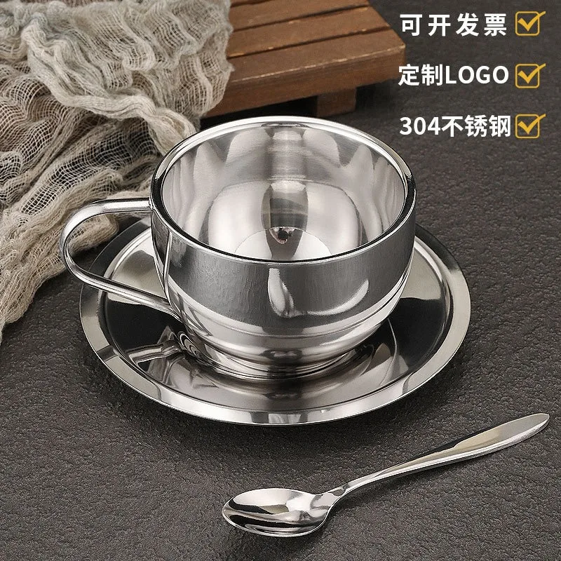 Light Luxury 304 Stainless Steel Coffee Cup Double-layer Anti Scald Afternoon Tea Cup Milk Tea Cup Plate 3 Piece Set Drinkware