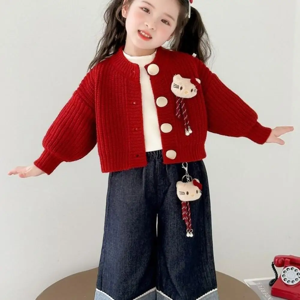 

Sanrio Hello Kitty Girls Sweater T-Shirt Pants 3Pcs Spring Autumn Anime Children's Fashion Sweet Jeans Set Casual Tops Coats