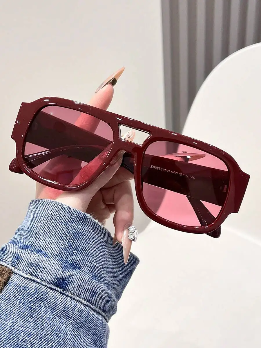 Women Red Frame Fashion Glasses, Oversized Aviator Beach Shades For Summer Outfits, Going Out And Back To School