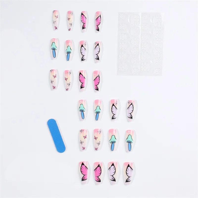 3D fake nails set press on faux ongles long french coffin capsule tips butterfly mushroom designs DIY manicure false nail kit