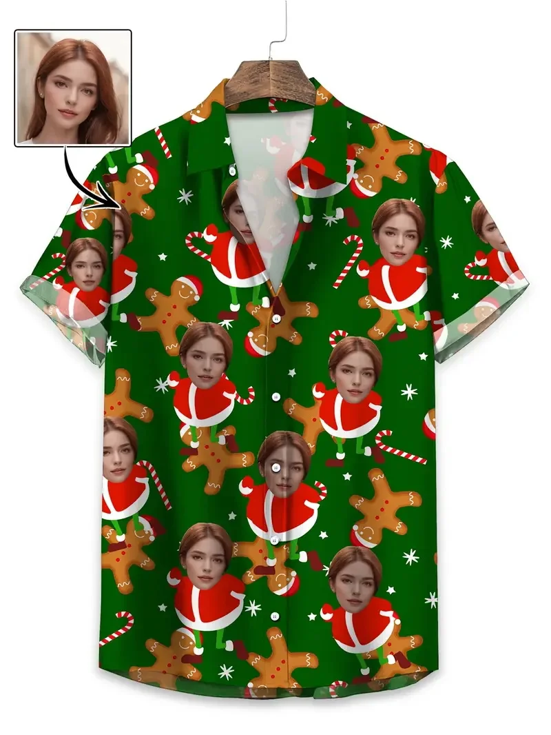 Custom Photo Merry Christmas Beach Shirts Tops Men's Short Sleeve Button Hawaiian Shirt Personalized Funny Aloha Shirts