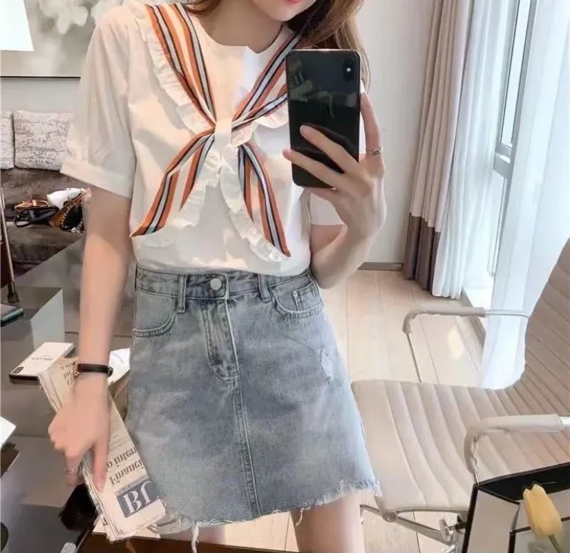 Top For Woman White Clothing Kawaii Women's Shirts And Blouses With Bow Short Sleeve Cute Frill Ruffle Offer Youthful Emo Tall