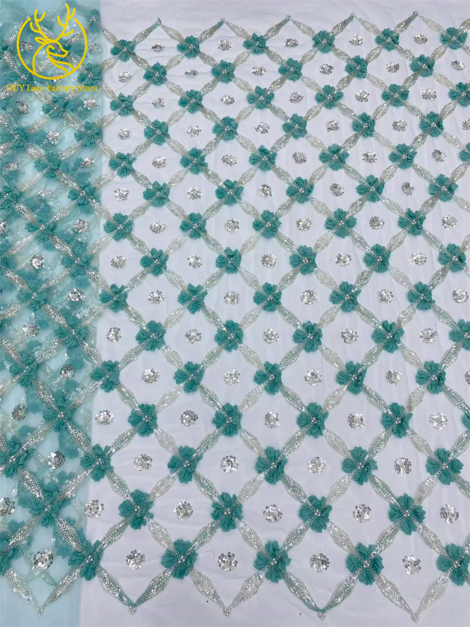 Eleganter, modischer nigerianischer 3D-Tüll-Pailletten-Spitzenstoff, hochwertiger afrikanischer Perlen-Spitzenstoff zum Nähen von Hochzeitskleidern, 5 Yards – Detail 9