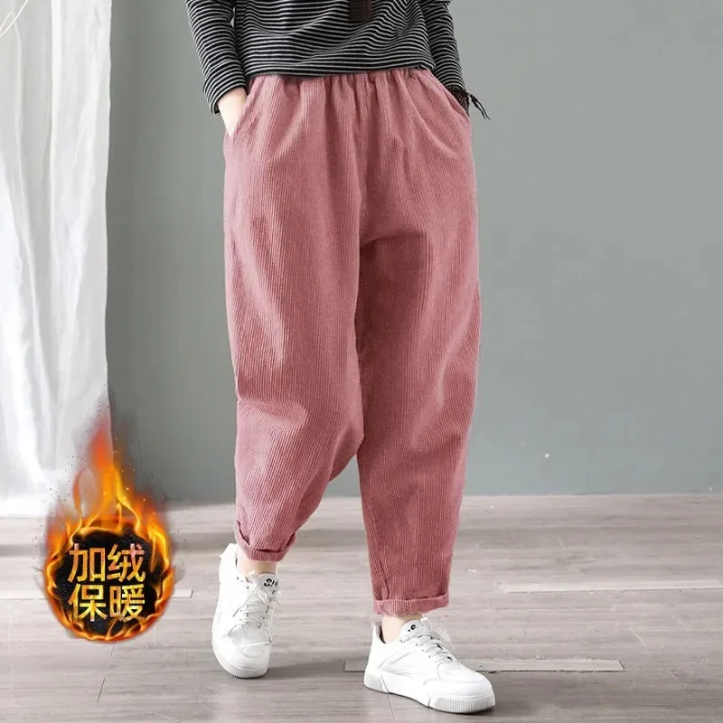 Women Corduroy Harem Pants Elastic Waist Fleece Lined Loose Fit Warm Casual Trousers With Pockets For Autumn Winter