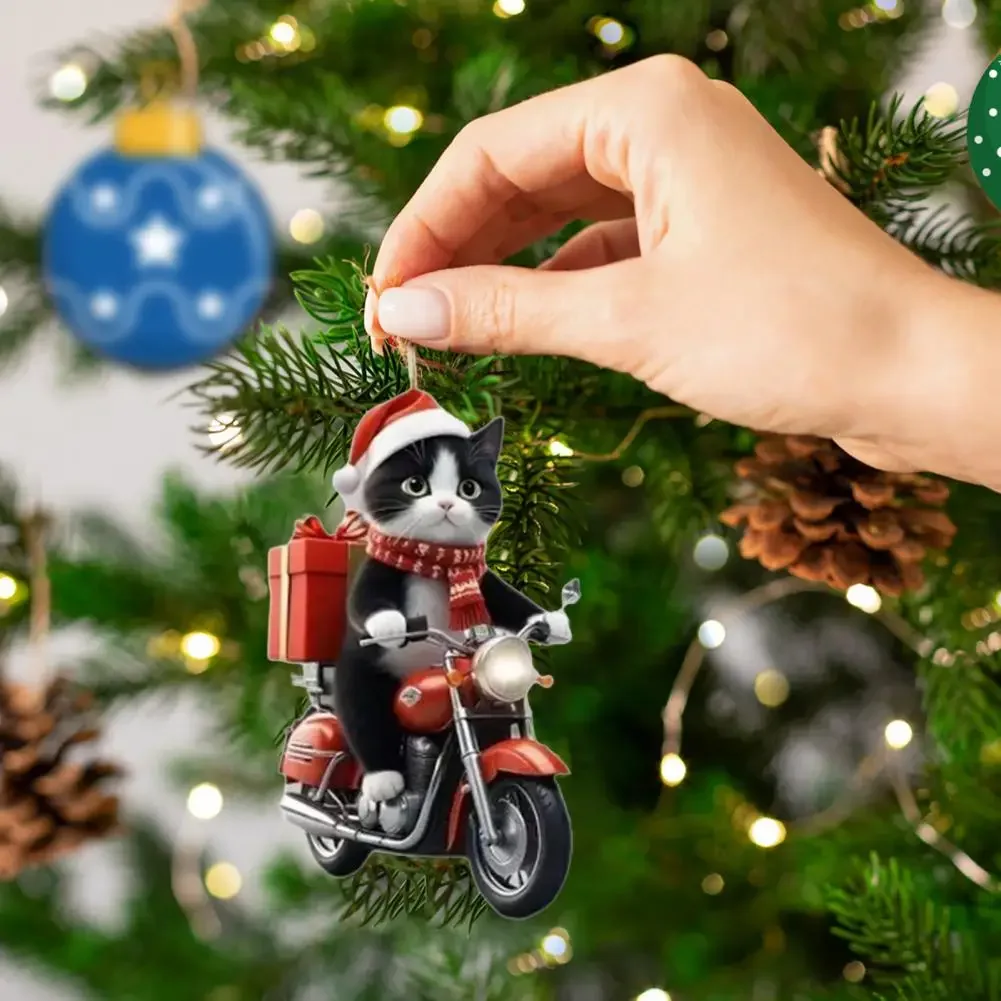 Christmas Motorcycle Cat Acrylic Pendant Hanging Decoration Xmas Tree Car 2D Flat Riding Kitten Ornament Cartoon Animal Decor