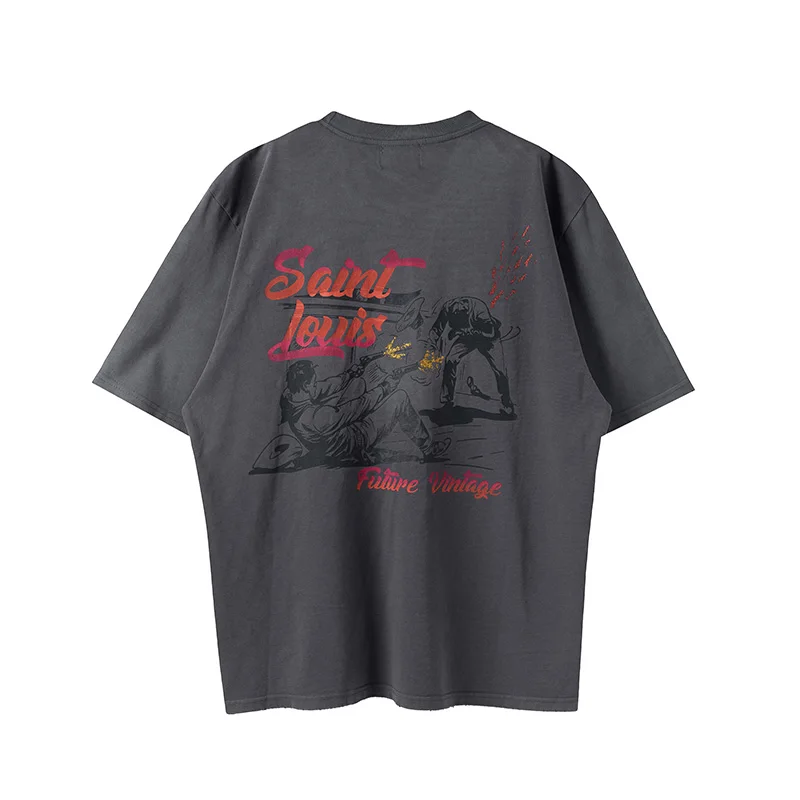 Wash Grey Saint Louis T-shirts Men Woman High Quality Gradient Pink Characters Printing Vintage Loose Tops Tee