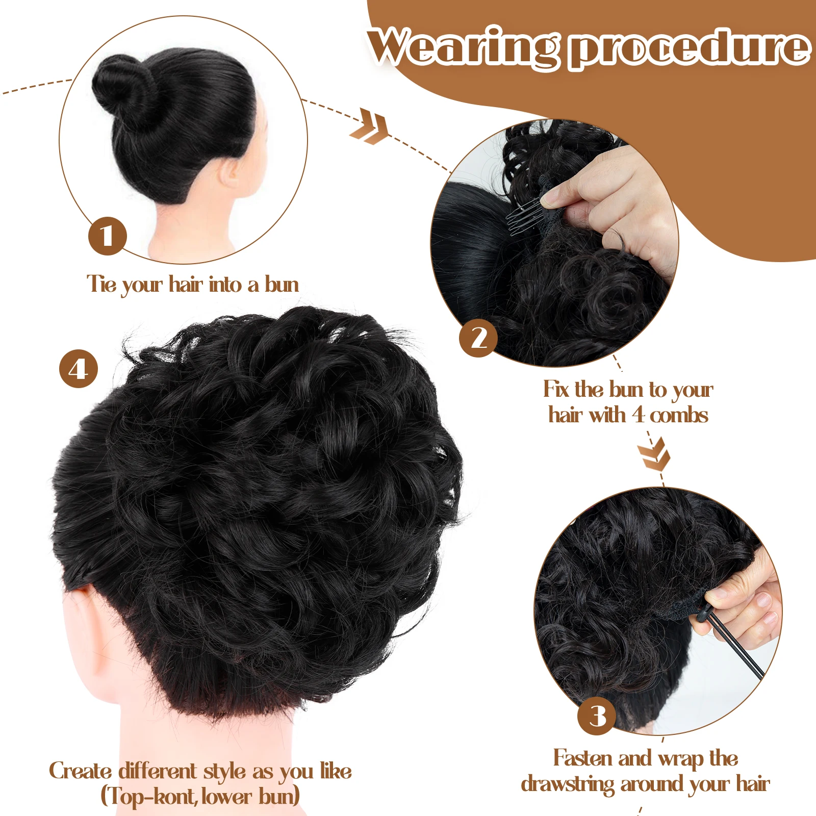 Coque de cabelo bagunçado, extensão de cabelo sintético, coque de cabelo encaracolado, scrunchie com faixa elástica, cordão curto, peça de rabo de cavalo