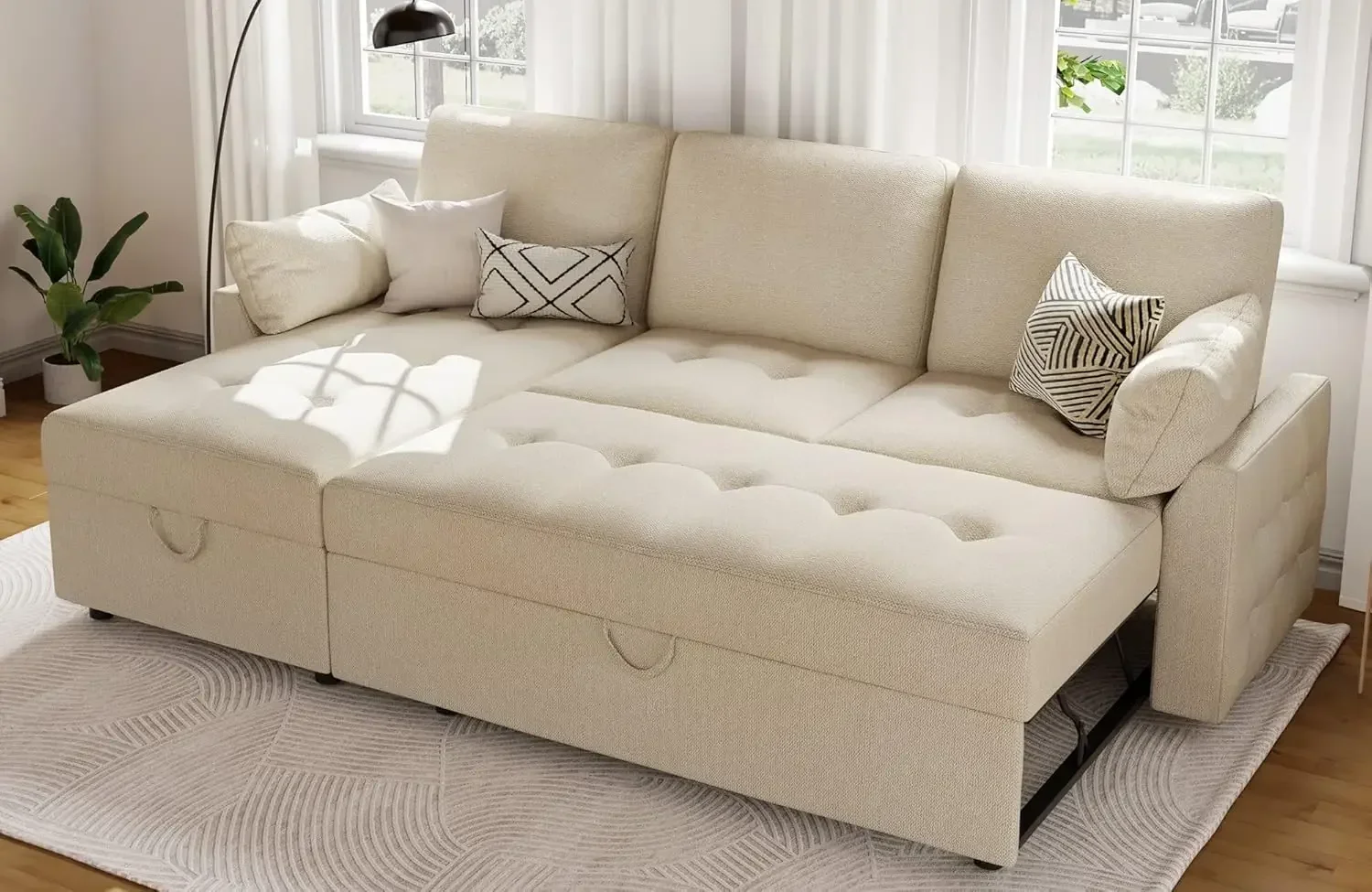 Pull Out Sofa Bed, Modern Tufted Convertible Sleeper Sofa, L Shaped Couch, Chenille Sectional Bed for Living Room (Beige)