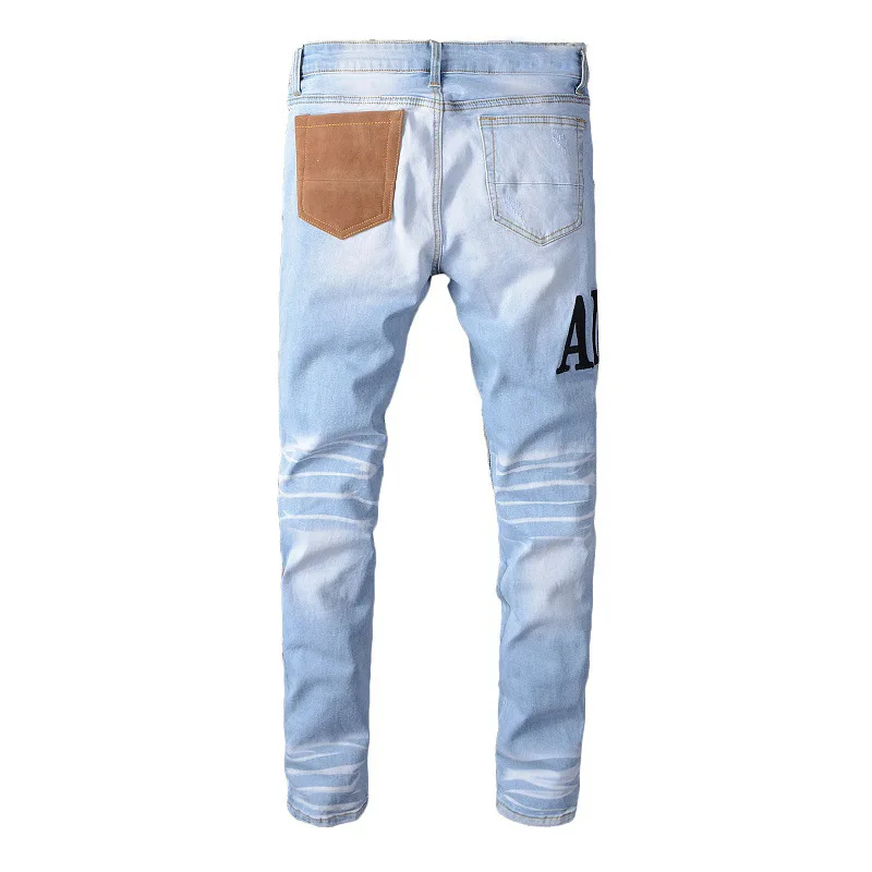 New Embroidery Patchwork Fashion Brand Jeans Men High Street New Blue Stretch Slim Fit Jeans Big Size Designer Jeans Mens