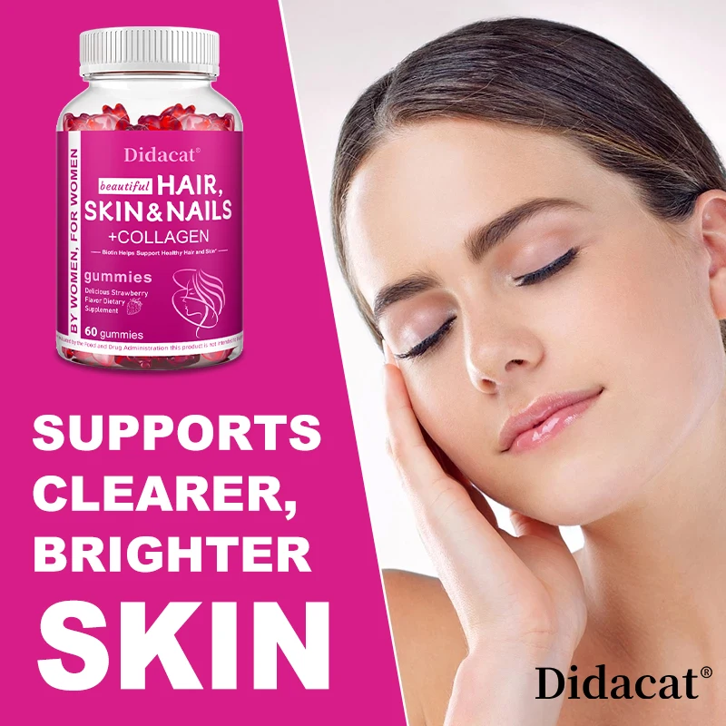 

Hair, Skin & Nails Vitamins - Contains Biotin, Collagen - Promotes Hair Growth, Nourishes Skin, Strengthens Nails - 60 Gummies