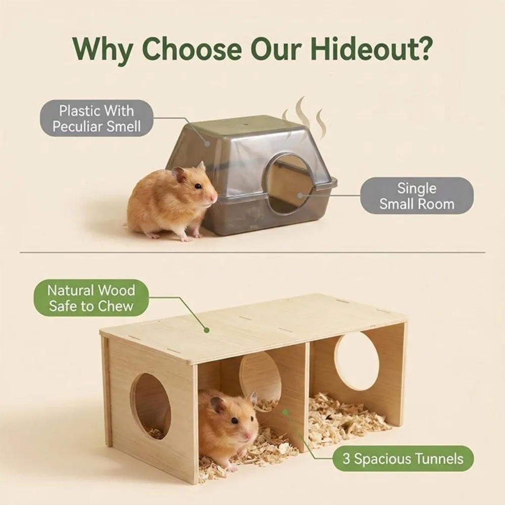 Wooden Hamster Hideaway House Detachable Multi-Chamber Hamster Nest Ventilated Chew-Proof Small Pet Shelter Pet Cage Landscaping