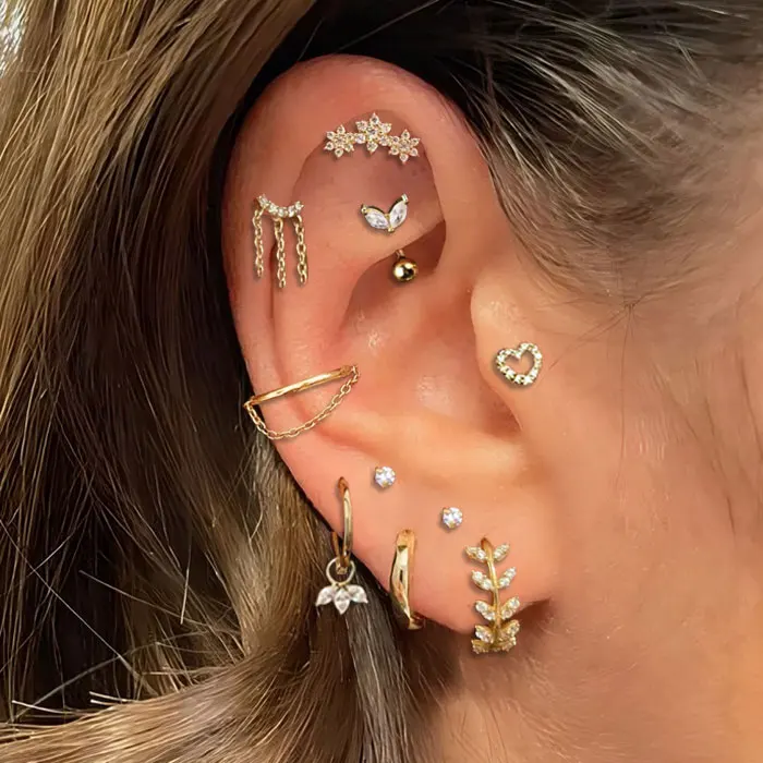 Conch Helix Chain Tassel Piercing Rook Tragus Lobe Flat Heart Flower Crown Ear Cartilage Piercing Biżuteria ze stali nierdzewnej Prezent