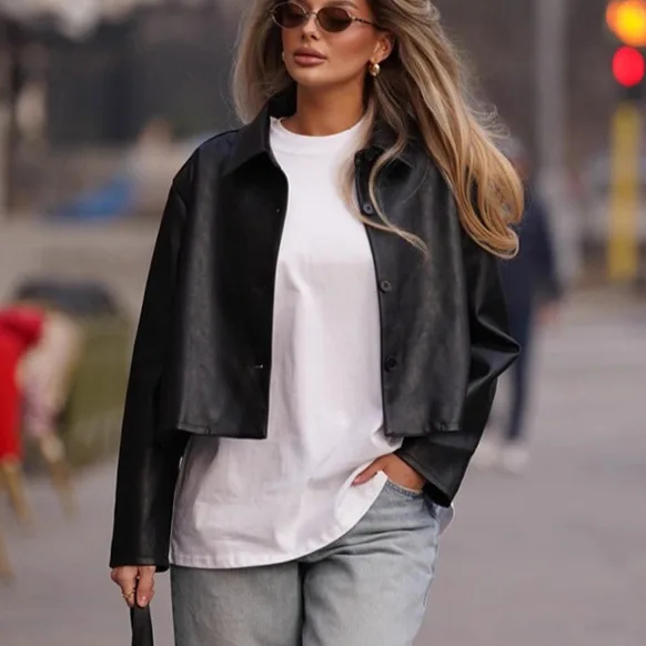 سترة جلدية غير لامعة كلاسيكية للنساء قصيرة أنيقة طية صدر السترة نمط الخريف الشتاء Normcore الوافدين الجدد