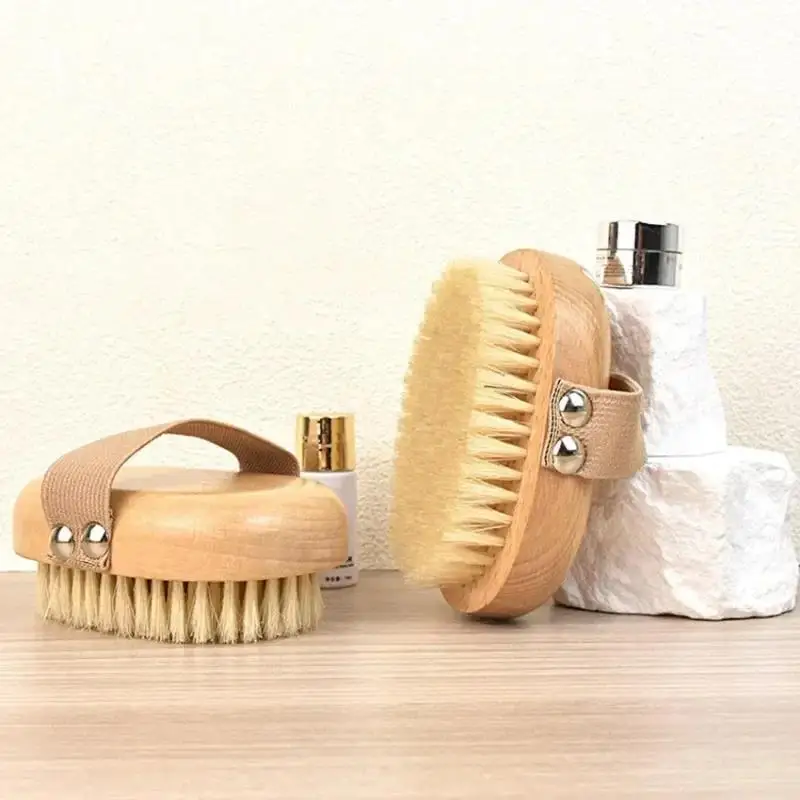 Natural Boar Bristle Wooden Dry Body Brush, Handheld Oval Exfoliating Shower Brush with Elastic Strap, Dry Skin Massage Bath Brush for Spa Cellulite Treatment