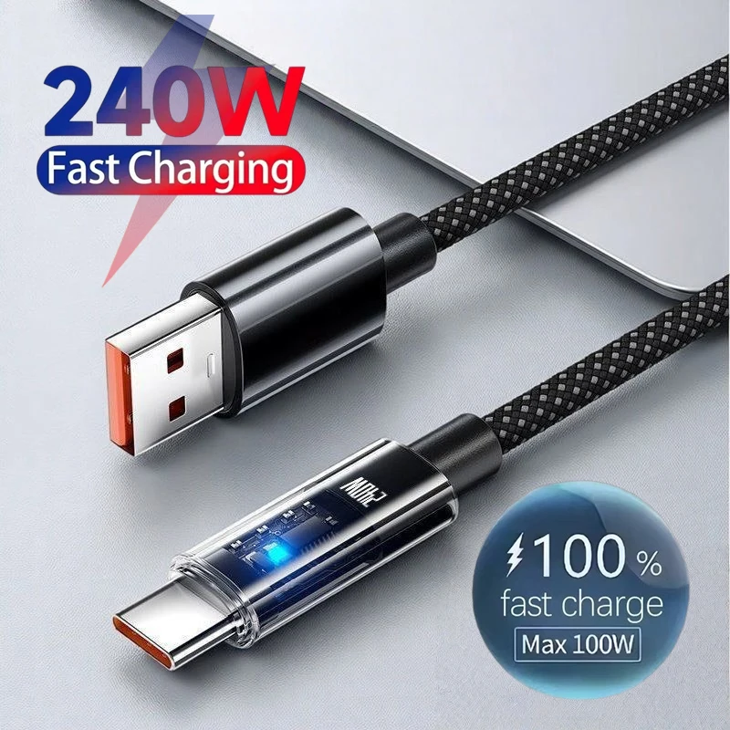 240W Nylon Cable USB Type C Super Fast Charging Cable For Samsung Xiaomi Huawei Honor LED Digital Display Fast Charger Data Cord