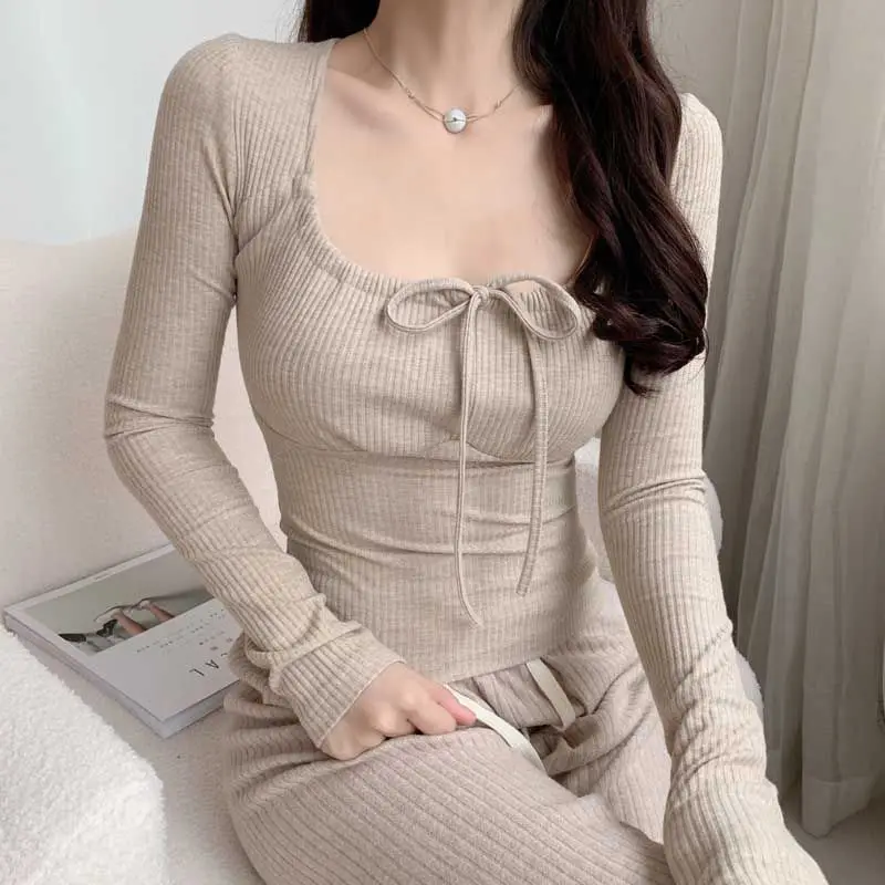 Long Sleeve T-shirts Women Spring Autumn Square Collar Solid Slim Pit Stripe Lace-up Knitting Tops Simple All-match Fashion New