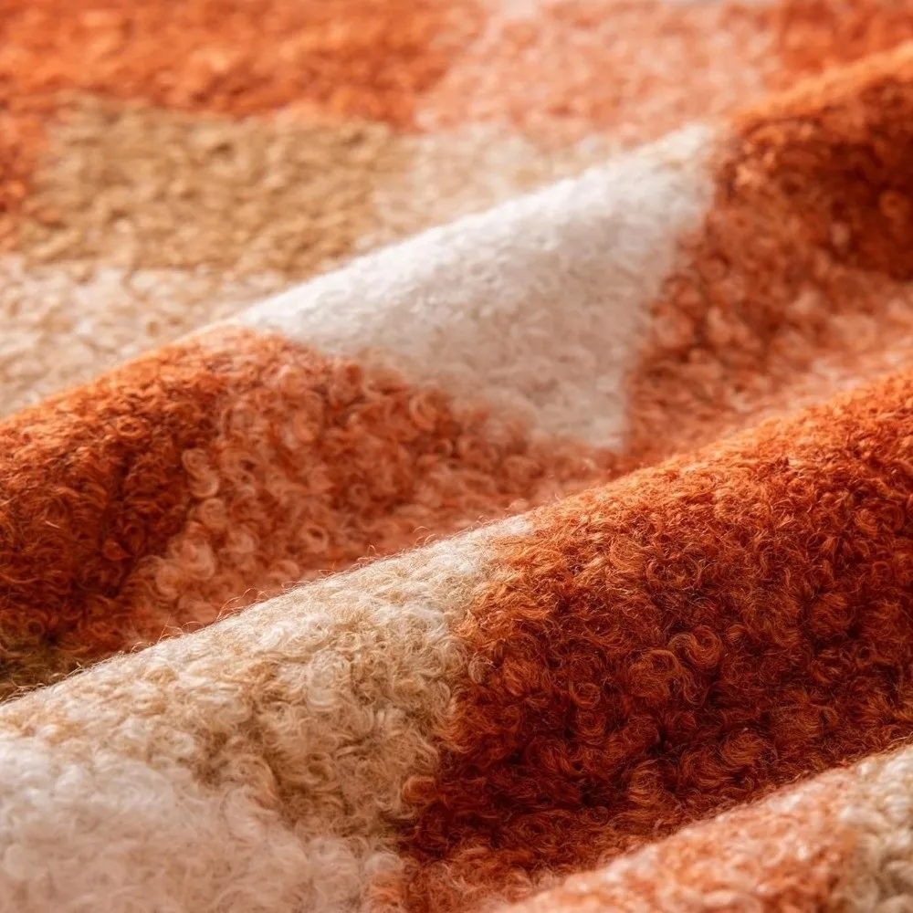 Plaid Pattern Plushie Pillow Covers 18x18 Inch Zipper Closure Boucle Pillowcase Soft Orange Red Throw Pillow Case Fall Season