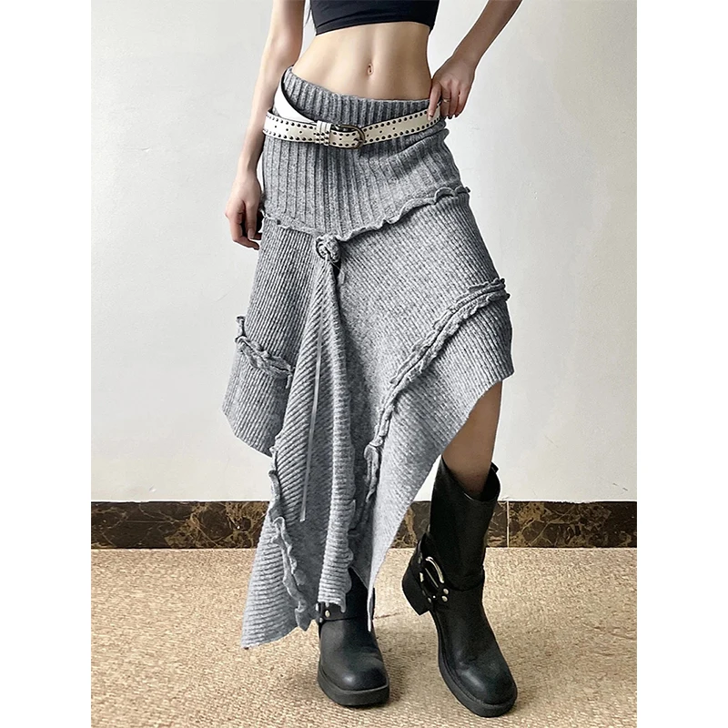 MEXZT Y2K Flower Knitted Midi Skirt Women Vintage Harajuku Asymmetrical Skirt Winter Sexy Gyaru Grunge Design A Line Faldas New