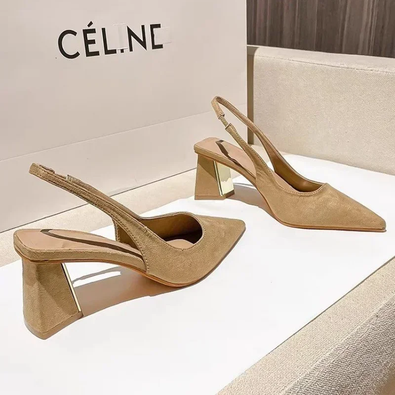 2024 Woman Brown Chunky Heel Slingback Mules Casual Pointed Shallow Mouth Heels Vintage Black Office High Shoes Women New