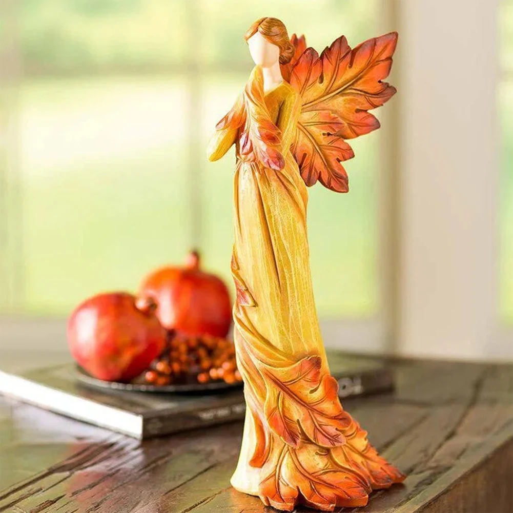 Autumn Maple Leaf Angel Statue Desktop Ornaments Garden Home Office Decoration-A61E