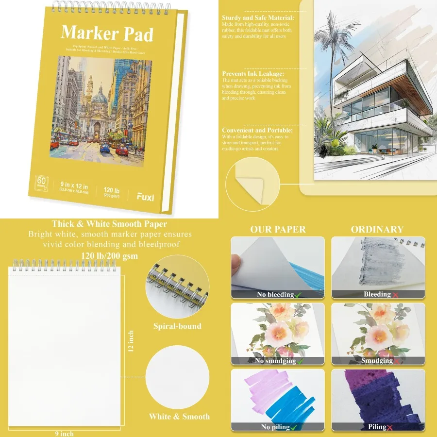 

9X12 Alcohol Marker Paper Sketchbook with 60 Sheets 200gsm/120lb for Professional Art Projects Bleedproof and Smooth Surface Id
