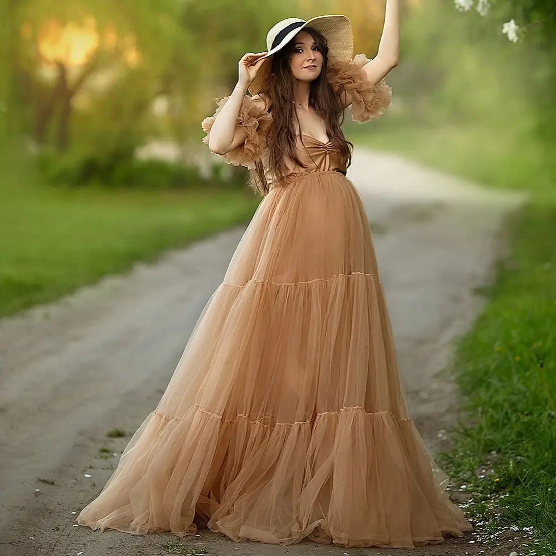 

Morden Gold Maternity Dress for Photo Simple Sweetheart Ruffled Vestidos De Noche Women Pregnancy Photography Babyshower Gowns