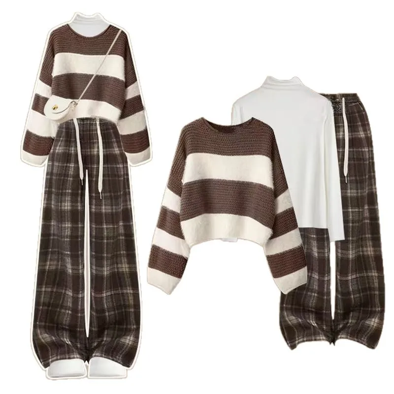 

Mirad Women's Set Autumn/Winter New Striped Loose Knitted Sweater Base Sweater Wide Leg Pants 3-Piece Set