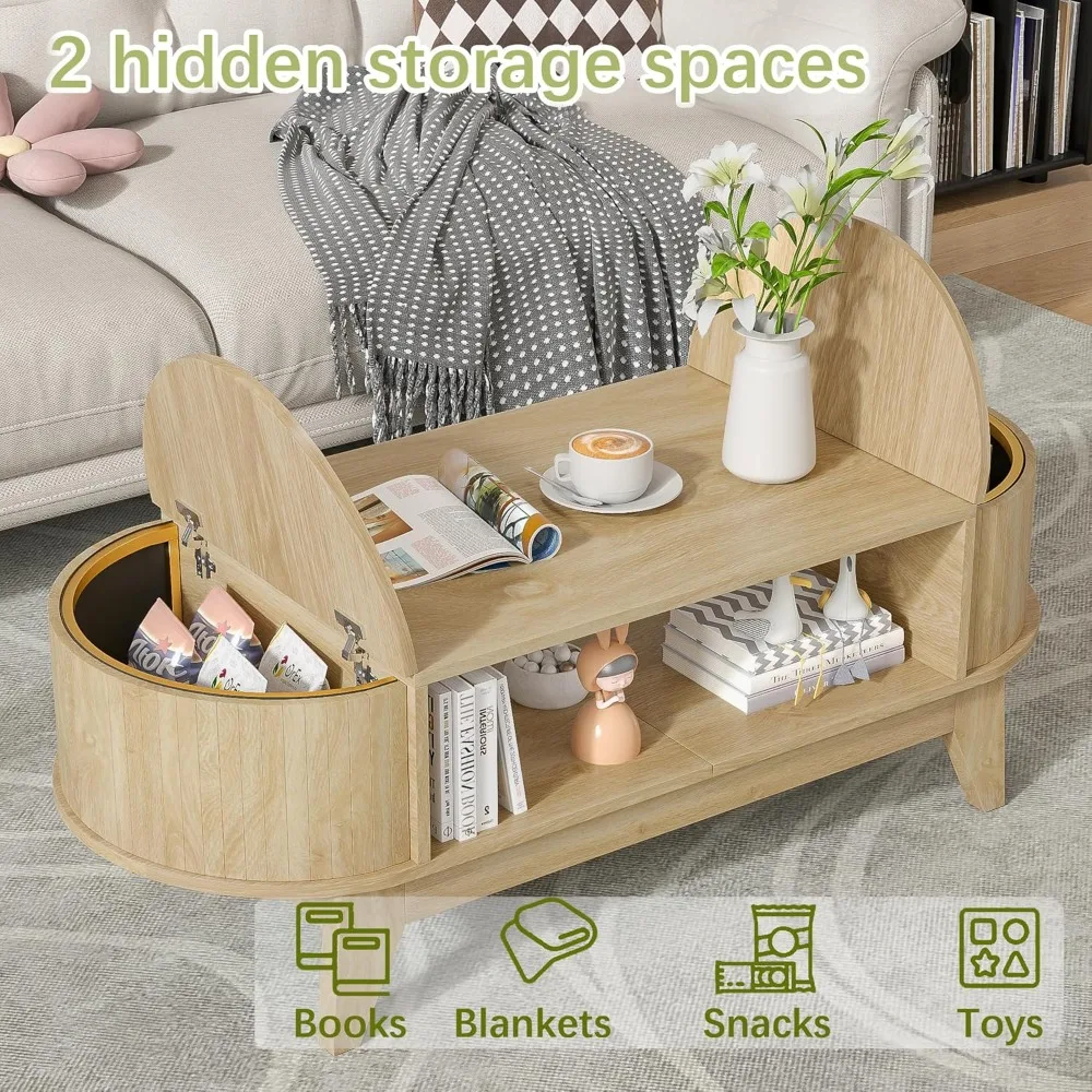 Mid-Century Oval Wood Coffee Table with Dual Concealed Storage